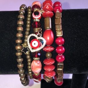 Red and Brass Tone Beaded Boho Evil Eye Bracelet Set